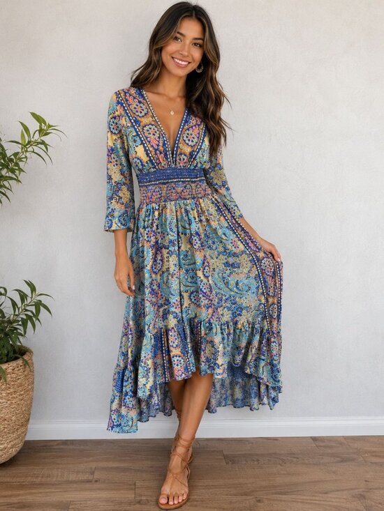 Mauni Dresses & Skirts - Mauni bohemian-Style dress vibrant blue paisley print smocked waist High Low